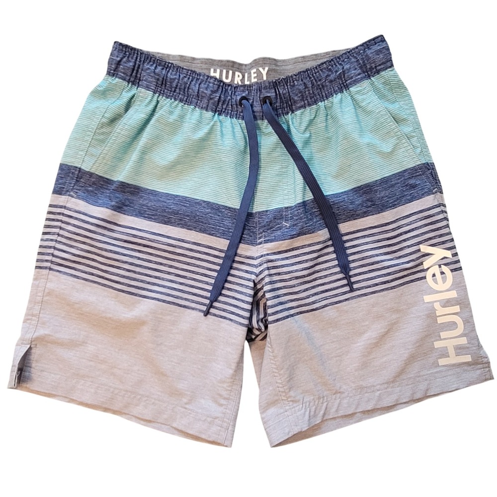 Hurley‎ Board Shorts Mens Medium Blue Teal Striped Elastic Waist Swim Trunks
